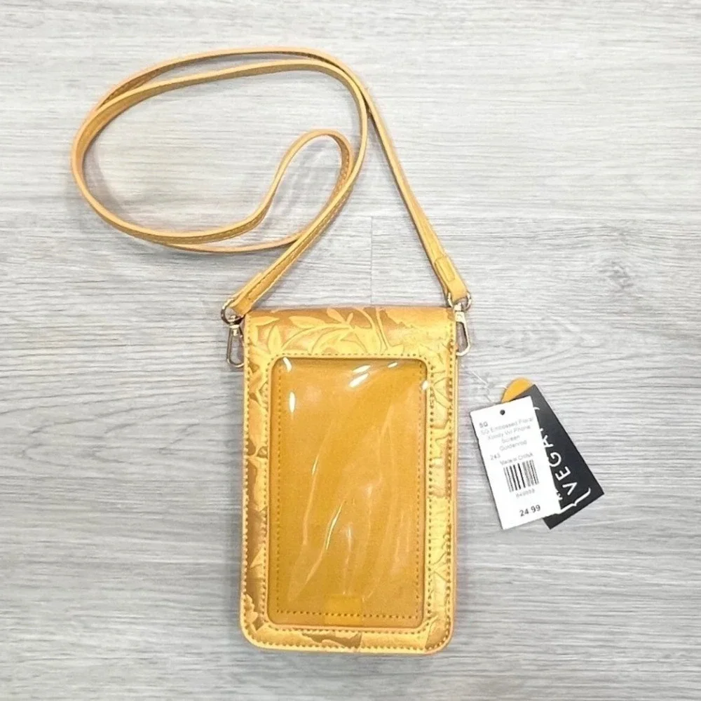 SG Embossed‎ Floral Xbody Phone Screen Goldenrod Vegan Leather Pouch Bag NWT